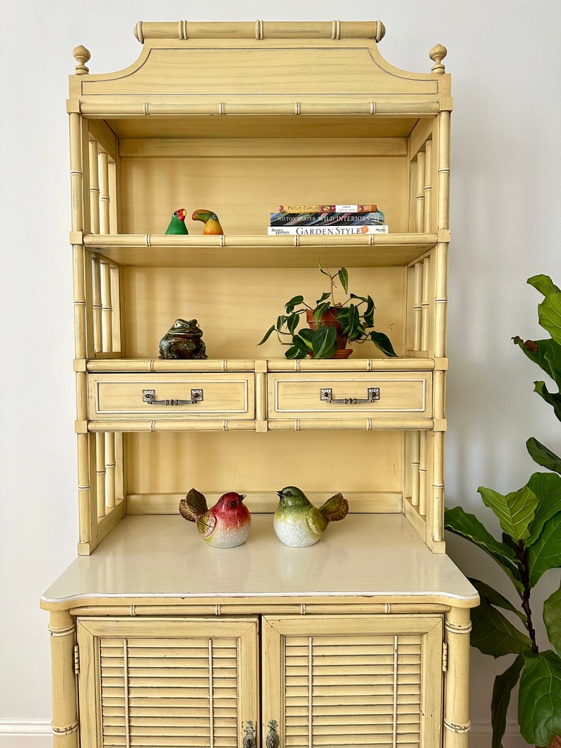 Vintage Henry Link Bali Hai Louvered Cabinet with Hutch Yellow Faux Bamboo Bookshelf image 2