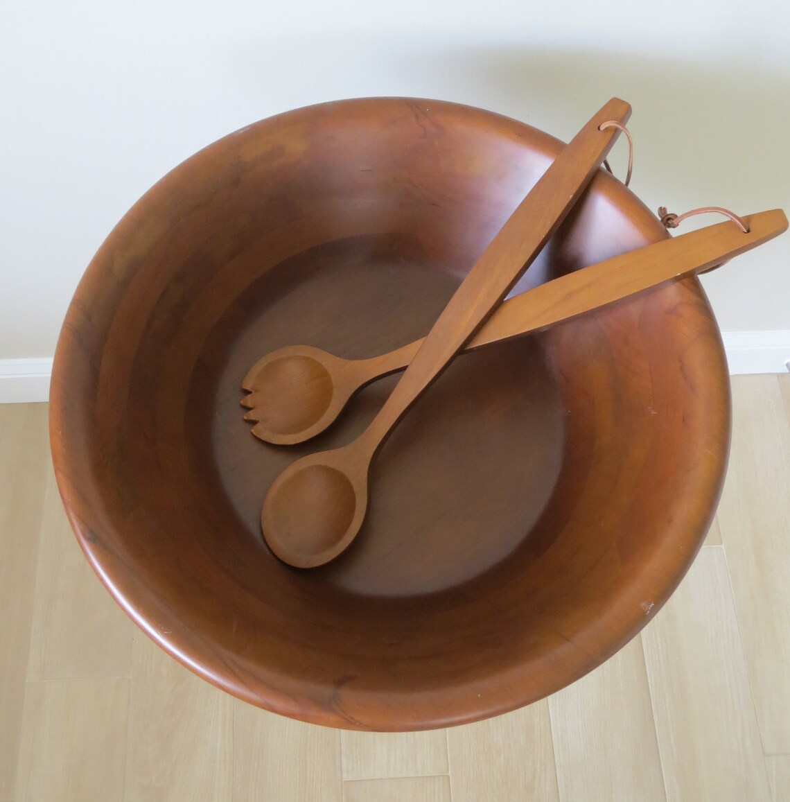 Vintage Large Wood Salad Bowl with Stand and Salad Tongs Etsy