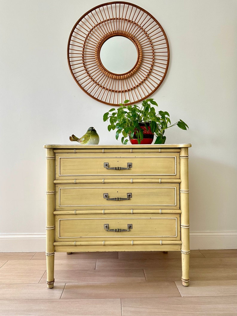 Vintage Authentic Henry Link Bali Hai Bachelors Chest Three Drawer Yellow Faux Bamboo image 1