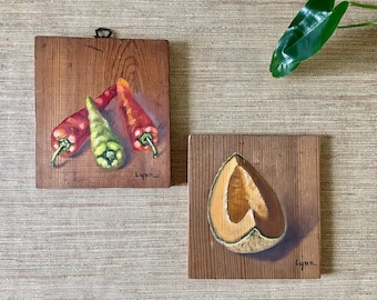 Vintage Fruit Wall Art Painted on Wood by Lynn Spaugh of Cantaloupe and Green & Red Pepper - Rustic Vintage Kitchen Decor - Set of Two