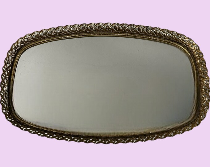 Hollywood Regency Large Mirror Tray, 20in X 12in, Gold Toned Floral