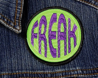 Freak Embroidered Patch - Iron On - Lime Green Purple