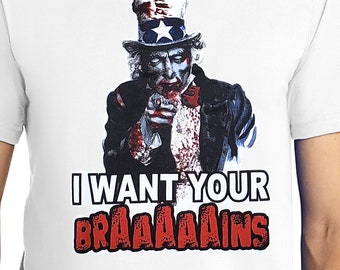 Zombie Uncle Sam I Want Your Brains Patriotic Horror T-Shirt