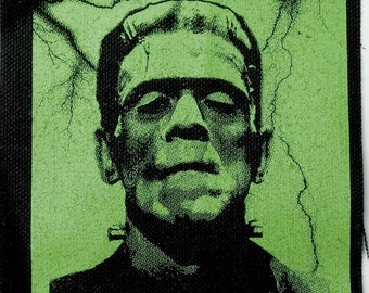 Frankenstein Screen Printed Sew-On Punk Patch Green on Black Canvas