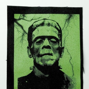 Frankenstein Screen Printed Sew-On Punk Patch Green on Black Canvas