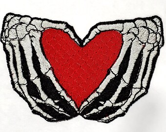 Skeleton Hands Red Heart Embroidered Patch - Iron On