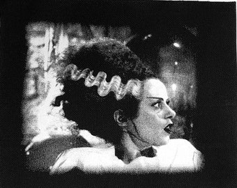 Bride of Frankenstein Screen Printed Sew On Punk Patch White Ink on Black Canvas