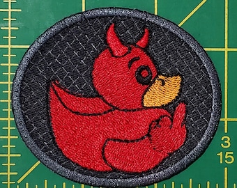 Rude Rubber Duck Devil with Middle Finger. Embroidered Patch - Iron On