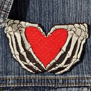 Skeleton Hands Red Heart Embroidered Patch - Iron On