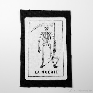 Remendo costurado em tela para cartão La Muerte Death Loteria