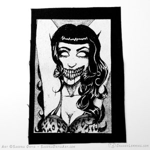 Creepy Pinup Girl Screen Printed Sew On Punk Patch White Ink on Black Canvas