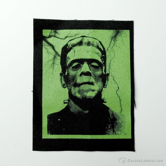 Frankenstein Screen Printed Sew-on Punk Patch Green on Black
