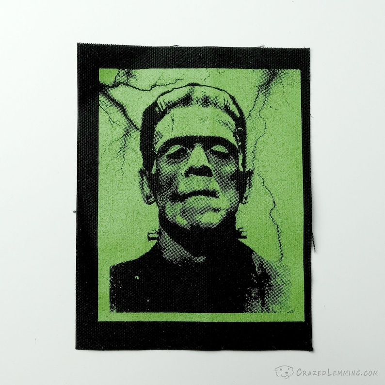Frankenstein Screen Printed Sew-On Punk Patch Green on Black Canvas image 1