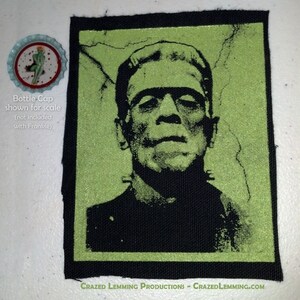 Frankenstein Screen Printed Sew-On Punk Patch Green on Black Canvas image 2