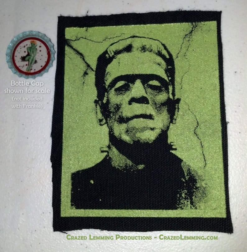 Frankenstein Screen Printed Sew-On Punk Patch Green on Black Canvas image 2