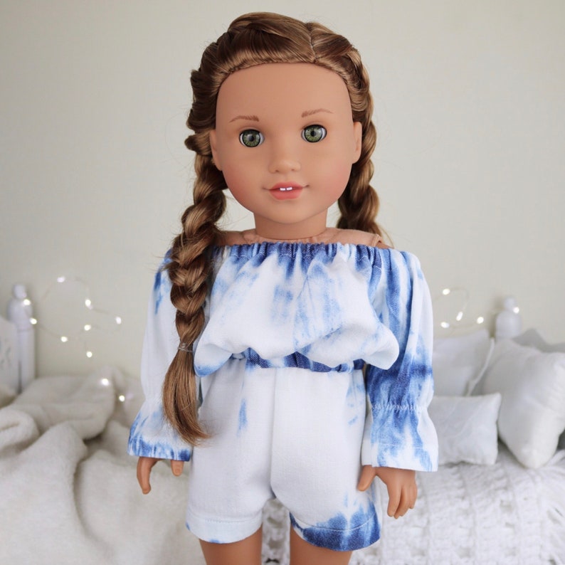 white /& blue romper tie dyed look. 18 inch doll acid wash romper