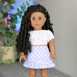 18 doll purple gingham ruffle skirt | white floral peasant blouse | plaid skirt