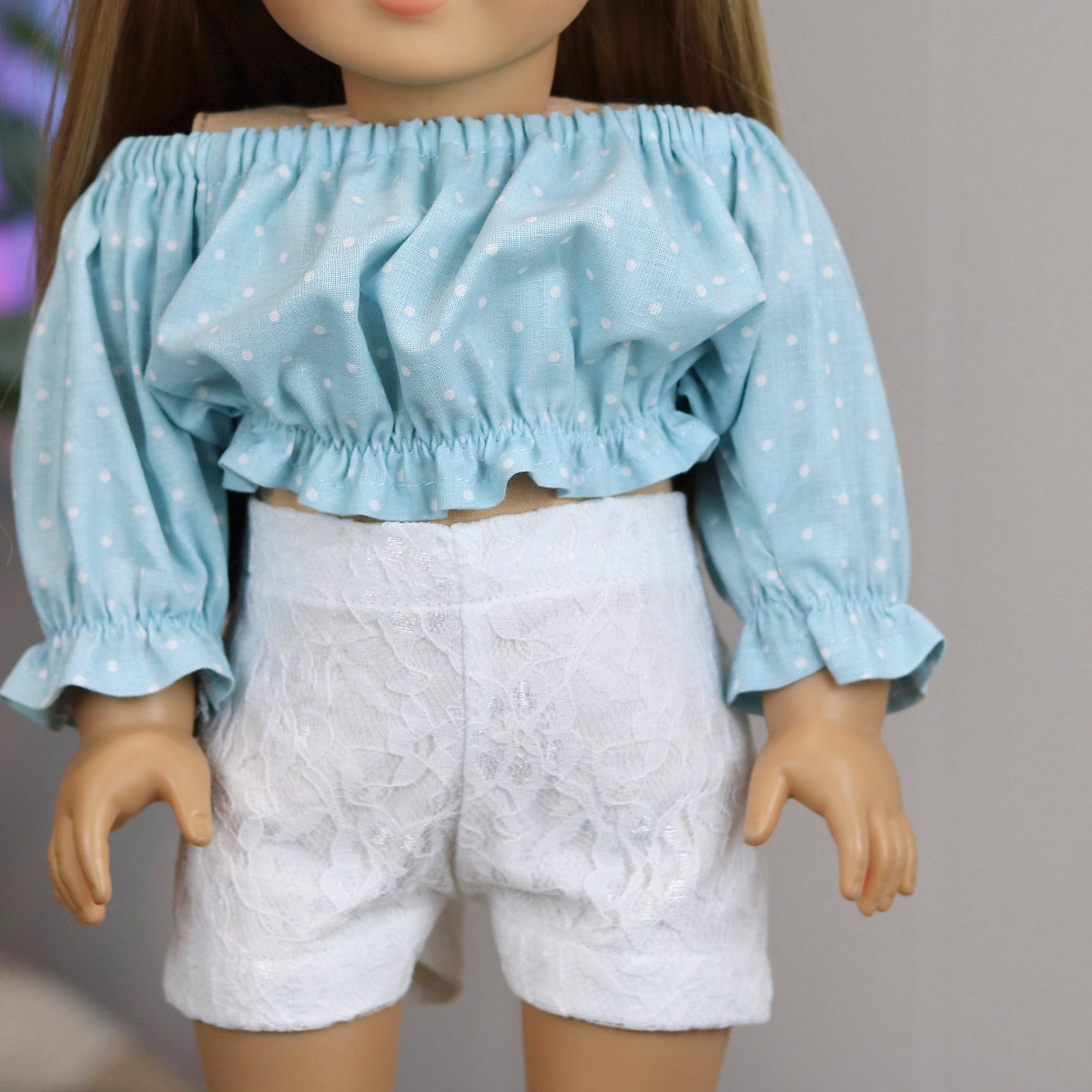 18 Inch Doll White Lace Shorts | Blue Polka-Dot Peasant Blouse