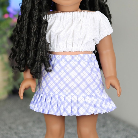 18 Doll Purple Gingham Ruffle Skirt White Floral Peasant Blouse 