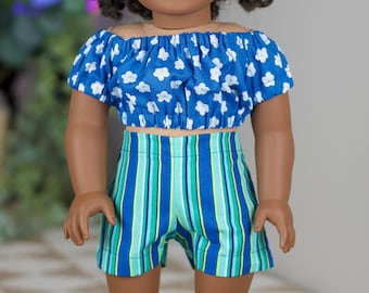 18 inch doll floral peasant blouse or striped shorts