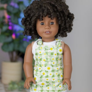 18 inch doll daisy green gingham daisy print skirtalls | floral overalls | spring overalls