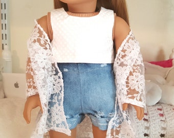 18 inch doll white crop top/ tone on tone polkadot print.