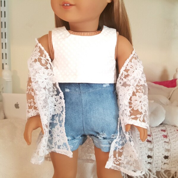 18 inch doll white crop top/ tone on tone polkadot print.