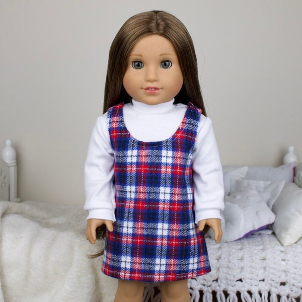 18 inch doll plaid jumper or turtle neck | red, white and blue plaid dress | white long sleeve shirt
