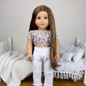 18 Inch Doll White Distressed Jeans | Floral Peasant Blouse | White Skinny Ripped Jeans