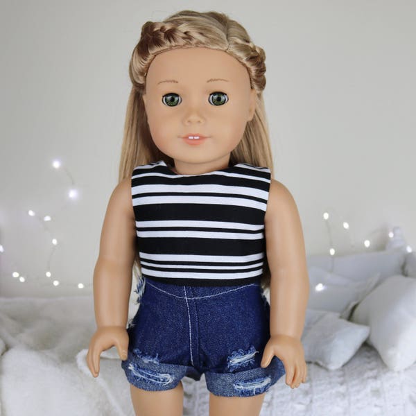 18 inch doll dark wash distressed / jean shorts/denim shorts | black & white striped crop top