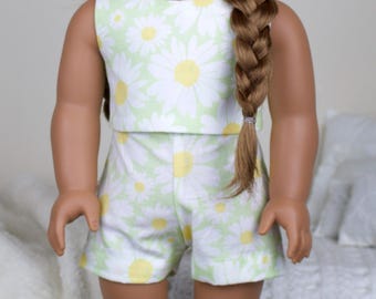 18 inch doll floral crop top & shorts | pastel green and white daisy print outfit/ spring and summer outfit