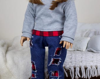 18 inch doll distressed plaid jeans or sweater - gray sweater -red and black plaid ripped jeans -red plaid sweater -peekaboo jeans