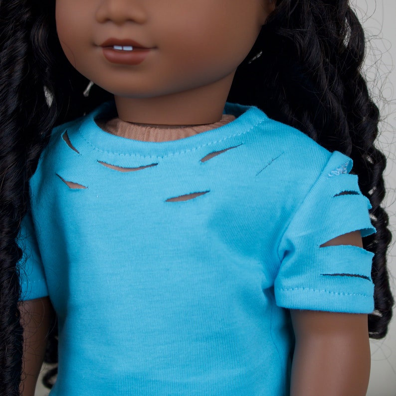 green distressed shirt purple 18 inch doll T-shirts blue tees white ripped jeans