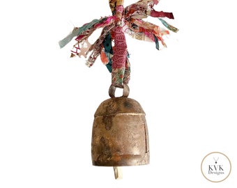 Copper Bell with Sari Silk Fringe Ribbon, Brass Bell, Chime, Rustic Bells, Garden Decoration