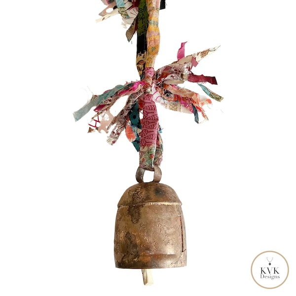 Boho Copper Bell with Vibrant Fringed Sari Ribbons - Whimsical Garden Decor