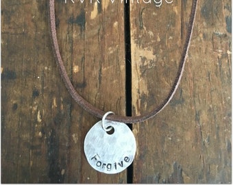 FORGIVE Hand Stamped Necklace, Hammered Silver Disc Necklace, Personalized Necklace