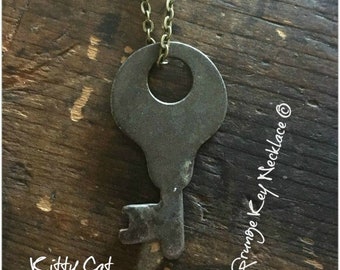 Old Key Necklace KITTY CAT: Vintage Key, Pendant Necklace, Boho Necklace
