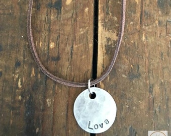 Silver Hammered Pendant Necklace with 'LOVE' Stamping