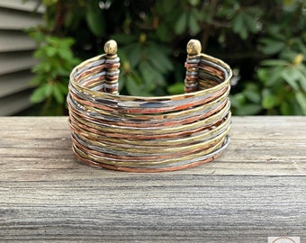 Wide Hammered Mixed Metal Cuff Bracelet, Boho Bracelet, Cuff Bracelet, Bohemian Jewelry