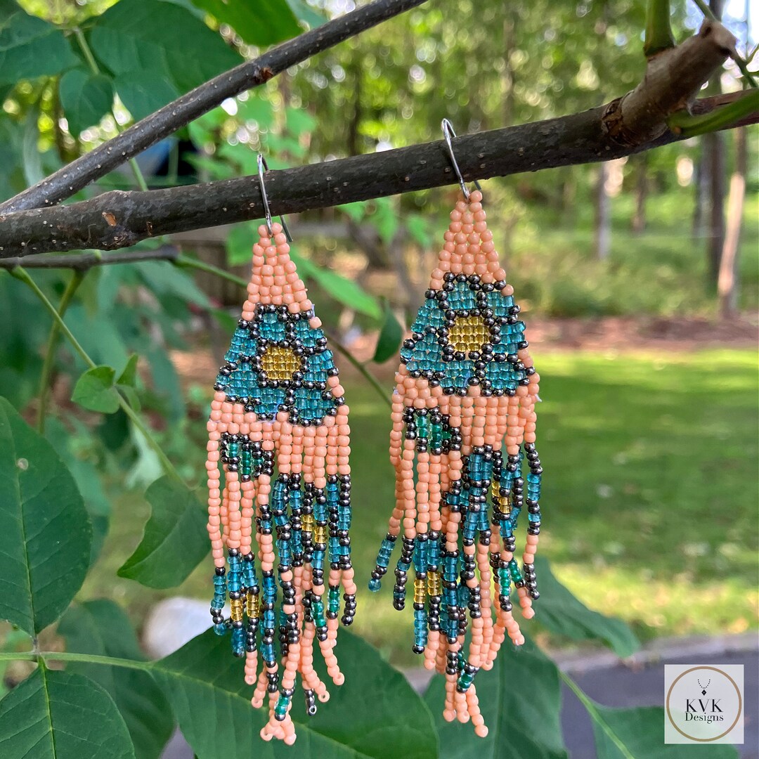 Boho Flower Earrings With Beaded Fringe Boho Earrings, Statement ...