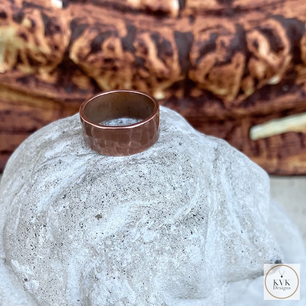 8mm Copper Ring - Rustic Hammered Band, Unique Boho Style Jewelry