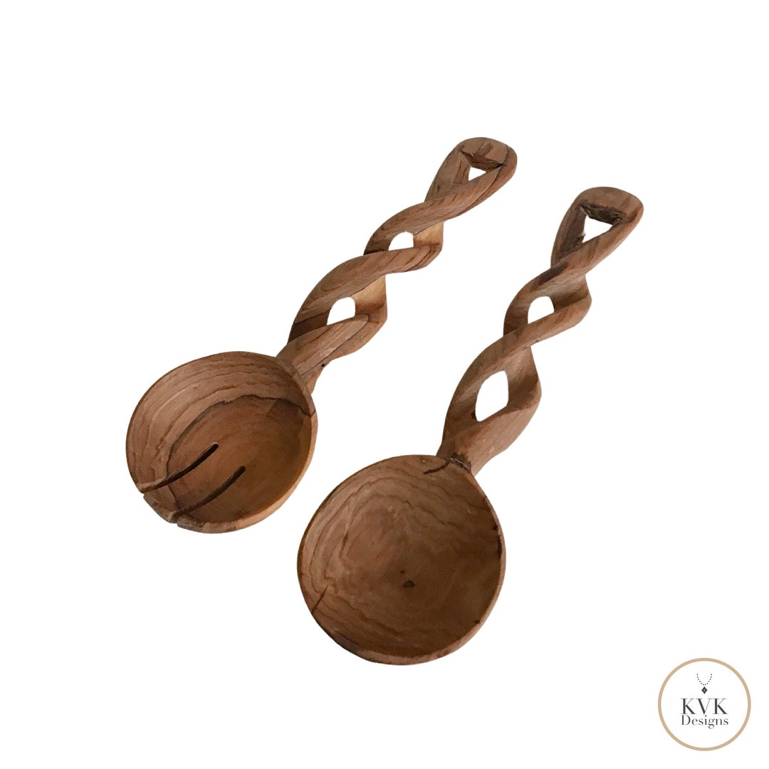 Olive Wood Serving Spoon Set With Braided Handles Serving Etsy