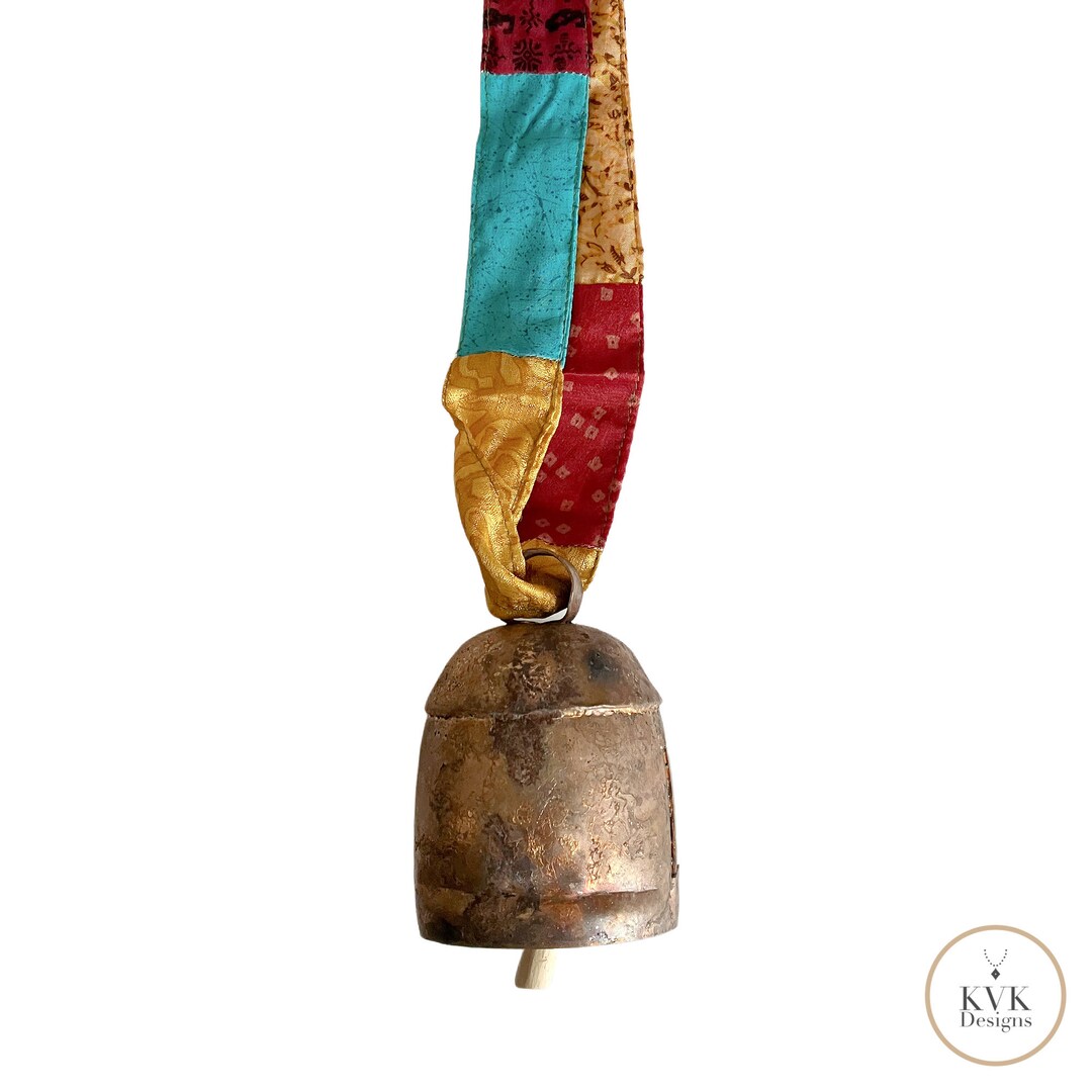 Copper Bell Colorful Sari Silk Ribbons Whimsical Garden Decor, Outdoor ...