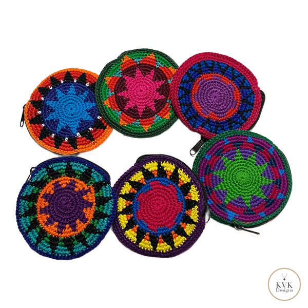 Boho Round Crochet Coin Purse from Guatemala - Colorful Change Pouch for Small Essentials