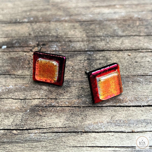 Boho Chic Orange Stud Earrings, Dichroic Glass Jewelry