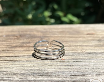 Sterling Silver Toe Ring - 3 Band Design, Adjustable Boho Midi Ring