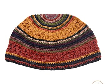 Gestreepte Kufi Skull Cap, gehaakte muts, Fair Trade