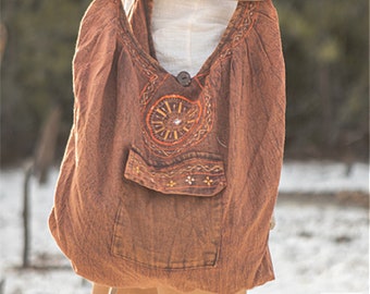 Boho Rust Embroidered Hobo Bag - Oversize Hippie Shoulder Bag