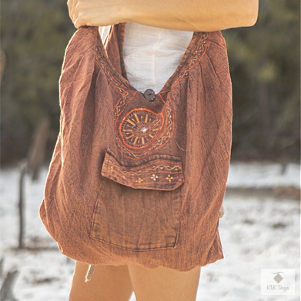 Boho Rust Embroidered Hobo Bag - Oversize Hippie Shoulder Bag