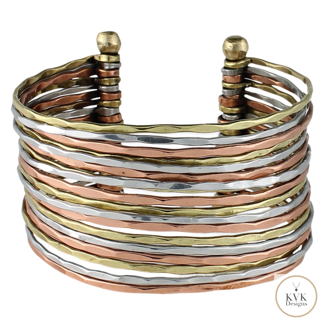 Wide Hammered Mixed Metal Cuff Bracelet Boho Bracelet Cuff Etsy